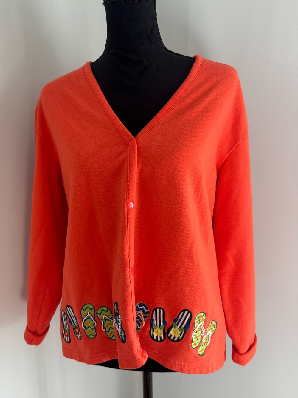 Costal Grandmother Mandal Bay Orange Beaded Flip-Flop Applique Cardigan Size M